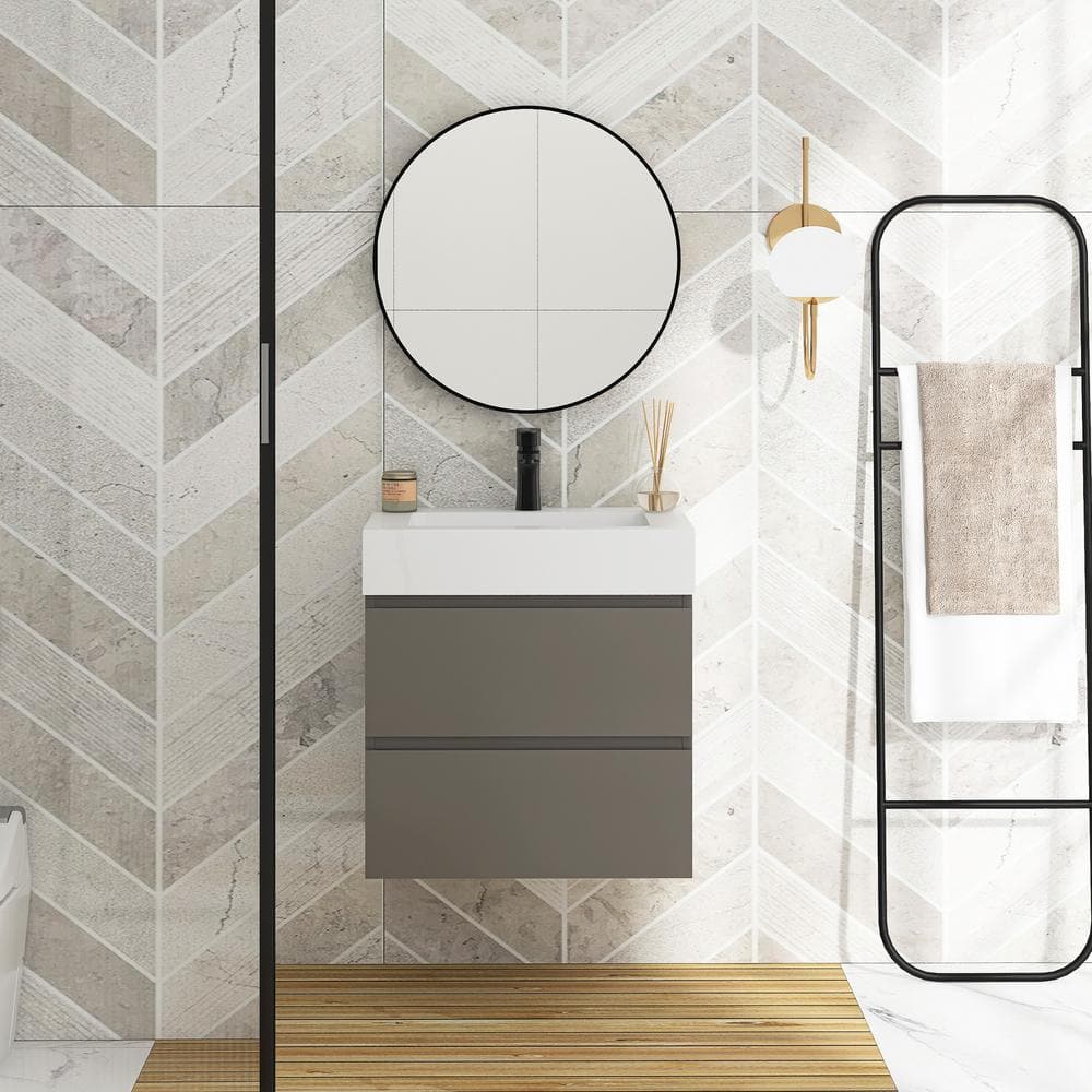 24" Grey Wall-Mounted Bathroom Vanity with White Cultured Marble Sink