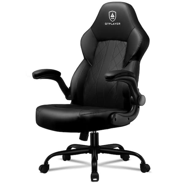 Gaming Chair Faux Leather Ergonomic Adjustable Height Computer Chair with Flip-Up Armrests, Black