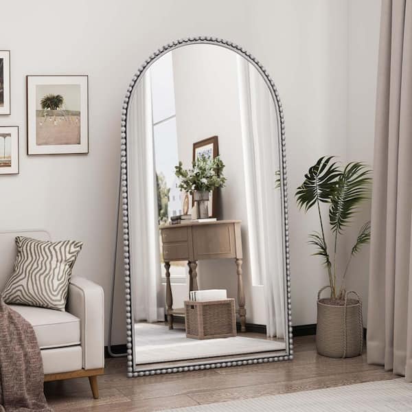 Unbranded Silver 36 in. W x 66 in. H Retro Arch Full Length Mirror Iron Framed Full Body Mirror Floor Mirror with Stand
