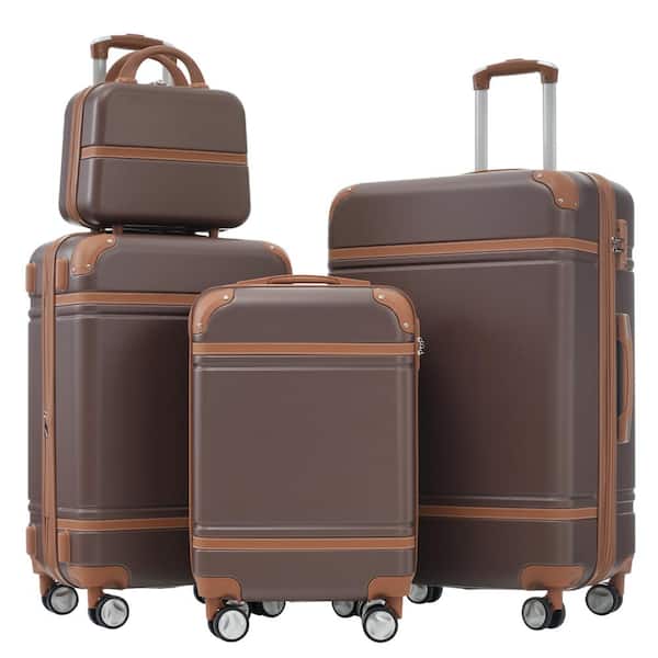 4-Piece Brown Expandable ABS Hardshell Spinner 20 in. 24 in. 28 in. Luggage Set with 3-Digit TSA Lock, Cosmetic Case