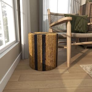 14 in. Brown Handmade Linear Wrapped Medium Round Wood End Table with Navy Stripes