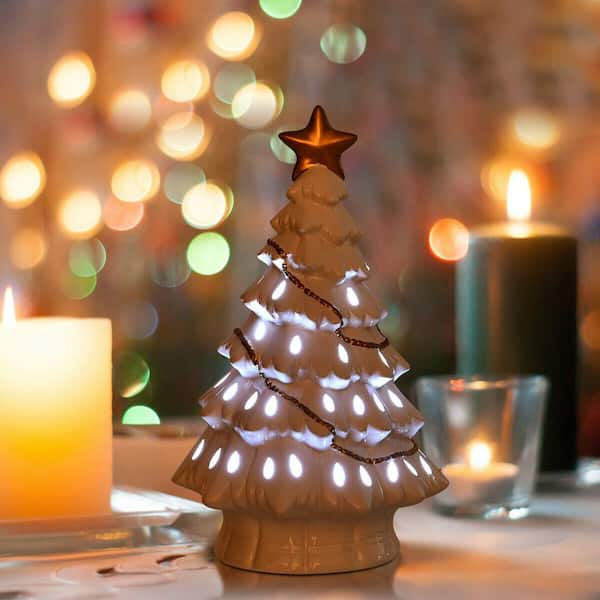 Costway 11 in. Pre-Lit Ceramic Christmas Tree Tabletop Lights White CM22113  - The Home Depot