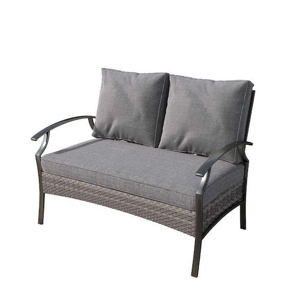 Black Metal Outdoor Patio Loveseat with Gray Cushion