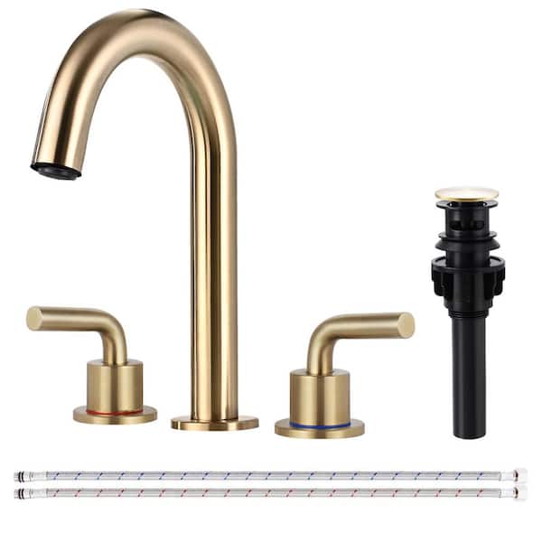 Double Handles 8 in. Widespread Bathroom Faucet 3-Hole Sink Faucet with Pop-Up Drain in Brushed Gold