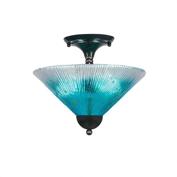 Unbranded Bristol 11.25 in. 2-Light Black Copper Semi-Flush with 12 in. Teal Crystal Glass Shade No Bulbs Included