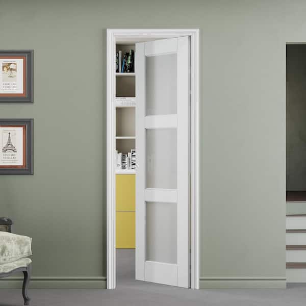 24 in. x 80 in. 3-Lite Tempered Frosted Glass and Solid Core Manufacture Wood White Primed Interior Door Slab