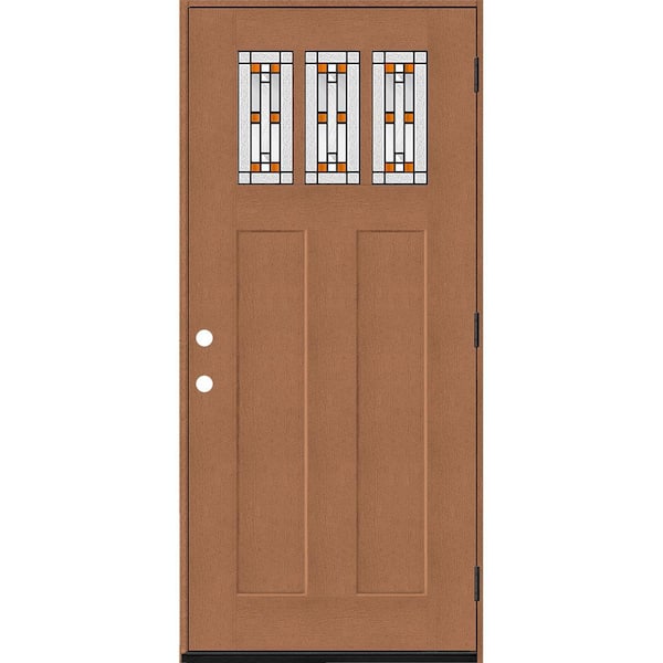 Steves & Sons Regency 36 in. x 80 in. 3-Lite Amberton Decorative Glass LHOS Autumn Wheat Stain Fir Grain Fiberglass Prehung Front Door