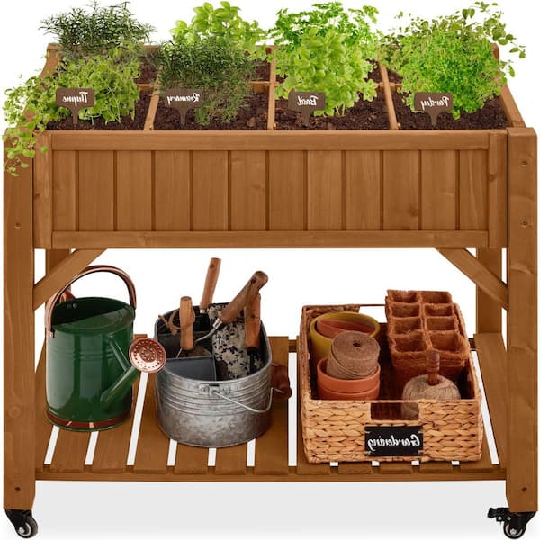 36 in. L x 24.5 in. W x 32 in. H Mobile Brown Wood Raised Garden