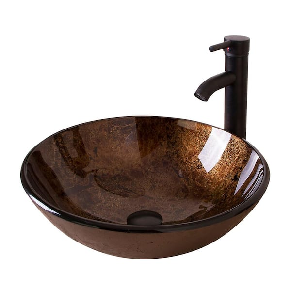 Flynama Solid Tempered Glass Round Bathroom Vessel Sink in Brown with Oil Rubbed Bronze Faucet and Chrome Pop-Up Drain