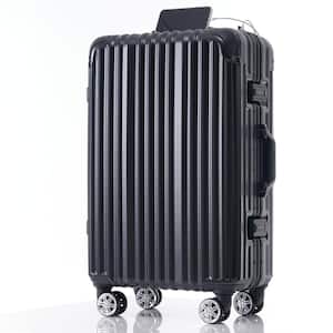 30.4 in. 28 in. Black Aluminum Hardside Spinner Luggage with USB Port, TSA Lock, Cup Holder, Travel Trolley Case