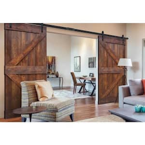 K Series 72 in x 84 in Dark Walnut DIY Finished Knotty Pine Wood Double Sliding Barn Door Slab with Hardware Kit