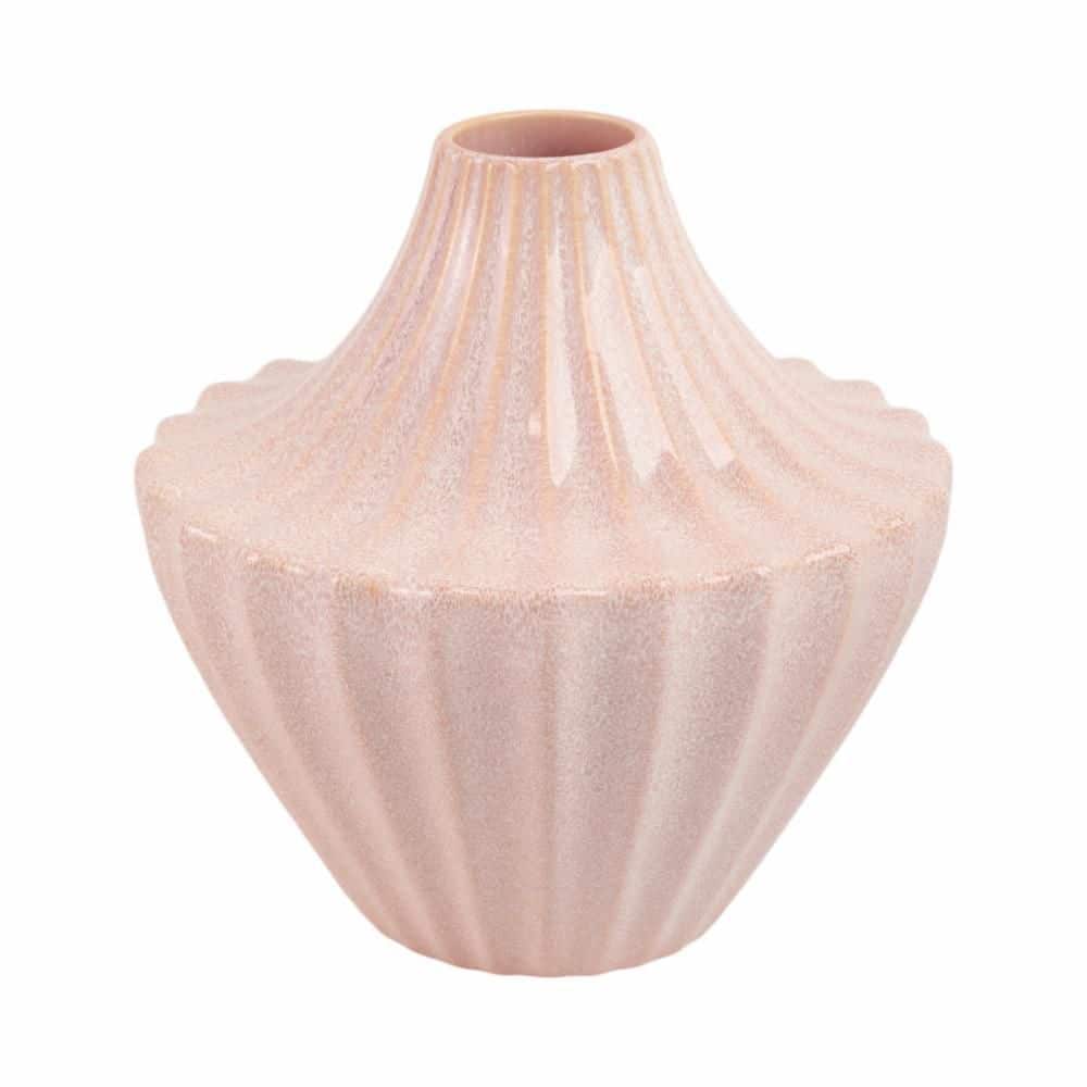 Liv & Skye 8 in. Pink Ceramic Round Fluted Decorative Vase HD21748-01
