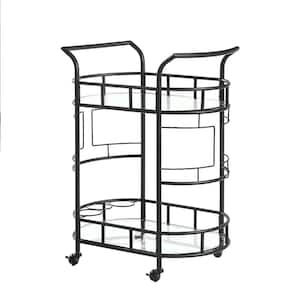 Black Bar Food Cart Top Glass with Metal Frame Kitchen Cart with Three Wine Bottle Racks