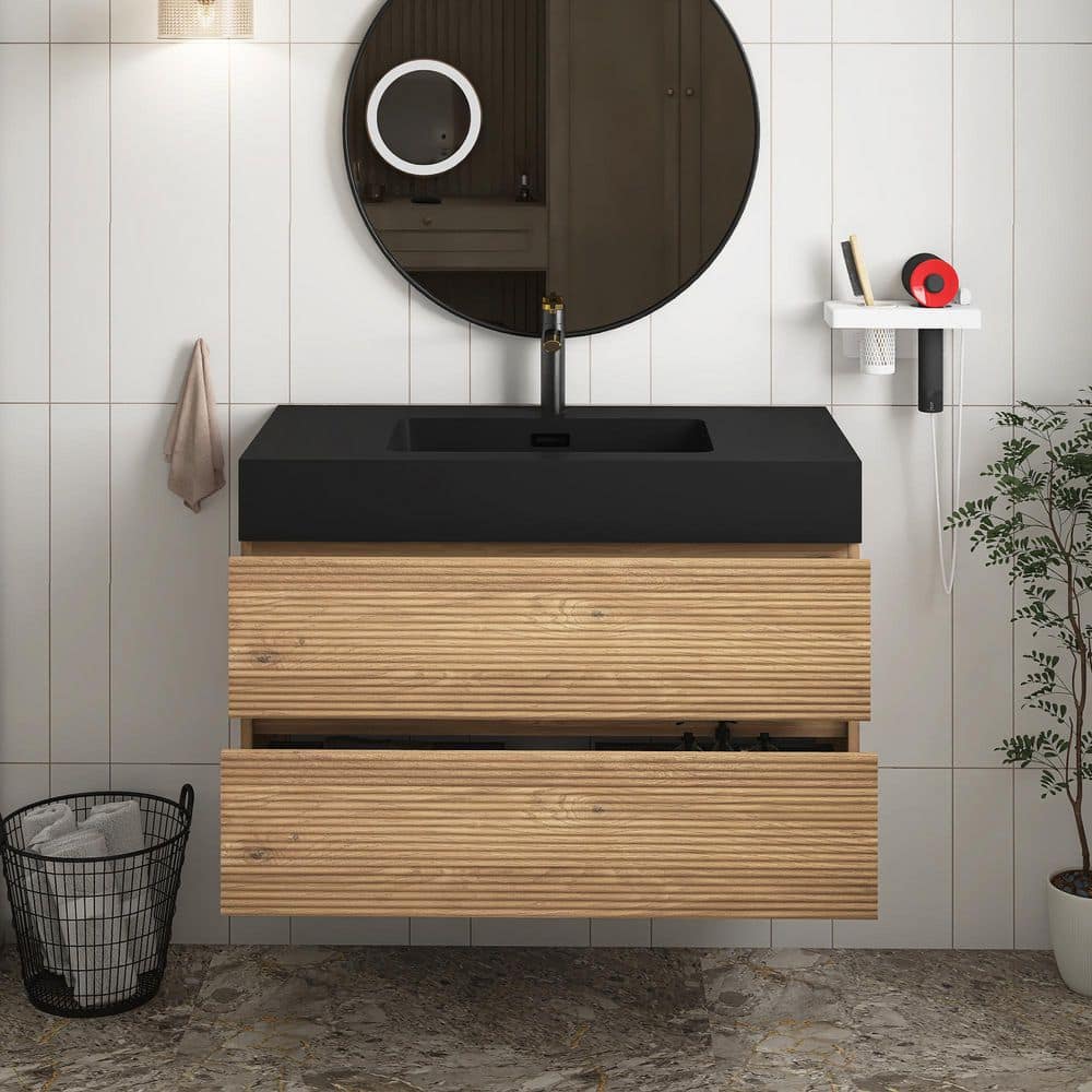 36 in. Wall Mounted Oak Bath Vanity with Black solid surface Top Unassembled price history on PriceWatchPro