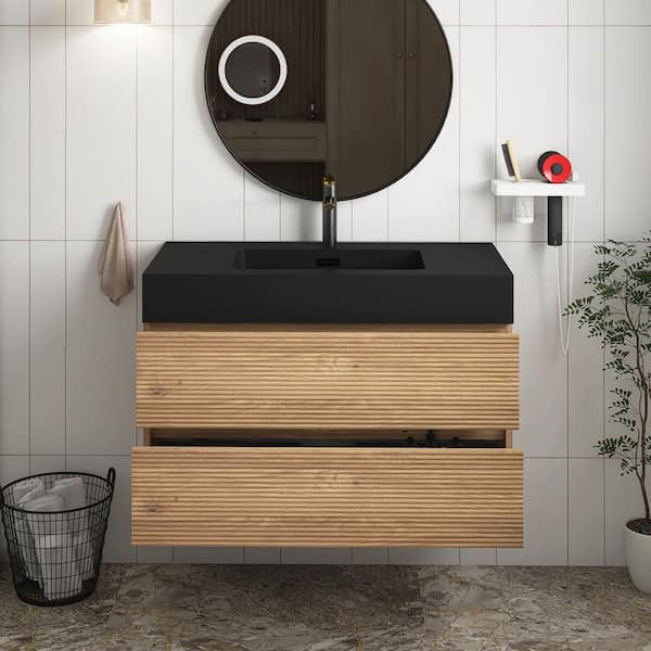 36 in. Wall Mounted Oak Bath Vanity with Black solid surface Top Unassembled