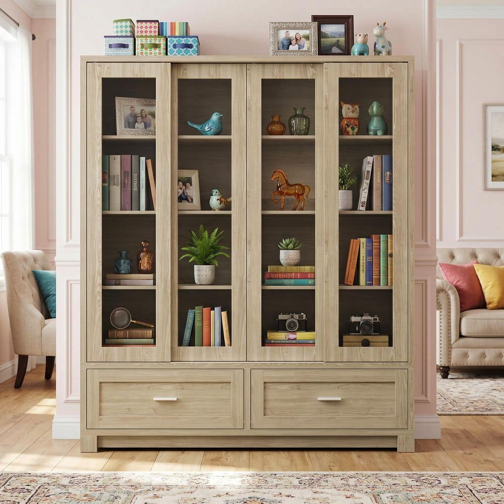 74 in. Tall Brown Wood 8-Shelf Standard Bookcase, Storage Cabinet, Sideboard with 2 Drawers & Sliding Glass Doors