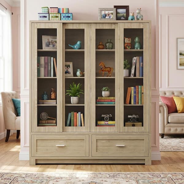 74 in. Tall Brown Wood 8-Shelf Standard Bookcase, Storage Cabinet, Sideboard with 2 Drawers & Sliding Glass Doors