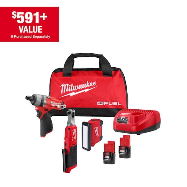 M12 12V Lithium-Ion Cordless Screwdriver, 3/8 in. High Speed Ratchet, Light Combo Kit (3-Tool) W/ 2 Batteries & Charger