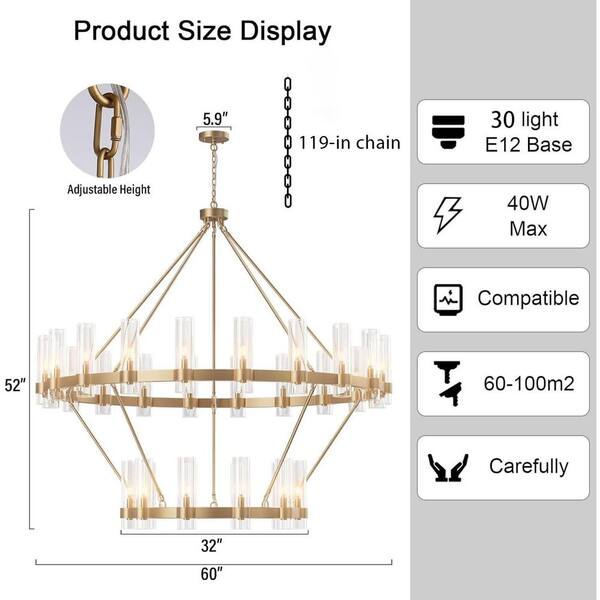 YUYI Modern Chandelier 60 in. 30-Light Gold Wagon Wheel