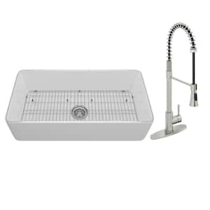 White Fireclay 36 in. Single Bowl Farmhouse Apron Kitchen Sink with 2-Function Spray Kitchen Faucet