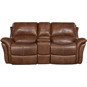 Yellowstone 82 in. Golden Brown 100% Genuine Leather Double-Reclining Gliding Console 2-Seater Loveseat