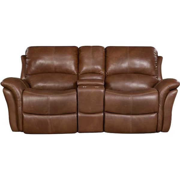 Hanover Yellowstone 82 in. Golden Brown 100% Genuine Leather Double-Reclining Gliding Console 2-Seater Loveseat