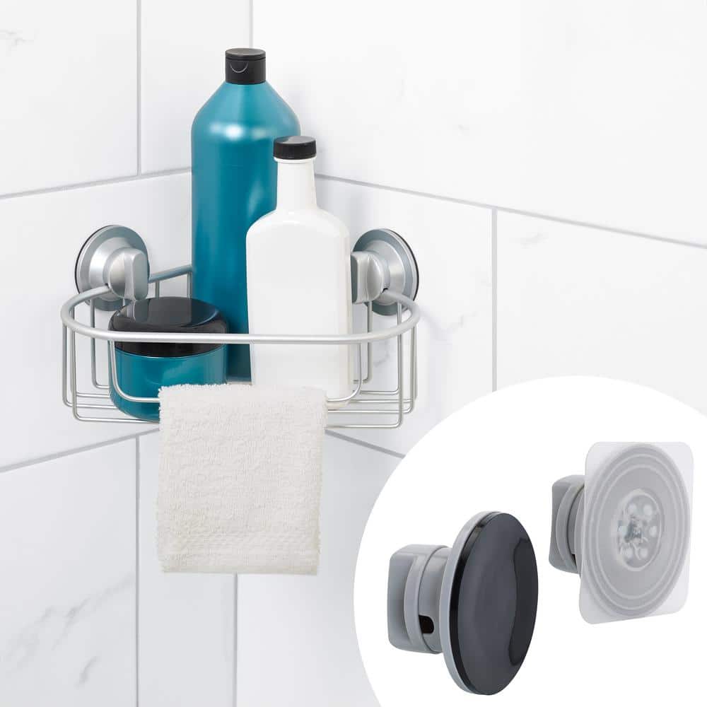 Zenna Home NeverRust Power Grip Pro Adhesive or Suction Mount Aluminum Corner Shower Basket in ...