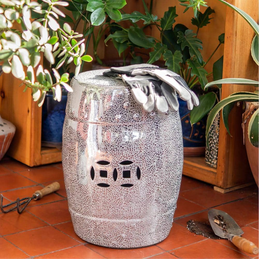 Red Lantern Silver Crackle Ceramic Garden Stool BW-GARDEN1-SLVC