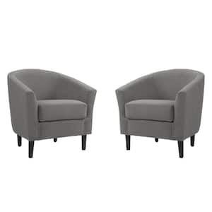 Modern Khaki Linen Upholstered Accent Barrel Arm Chair With Wood Leg(Set of 2)