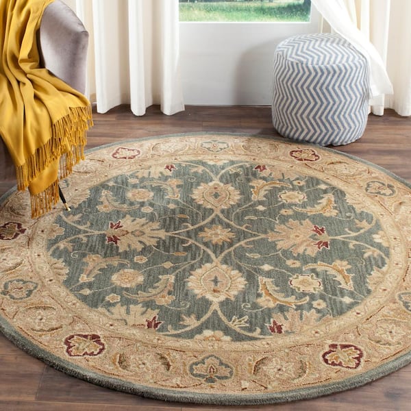 Antiquity Teal Blue/Taupe 6 ft. x 6 ft. Round Border Area Rug
