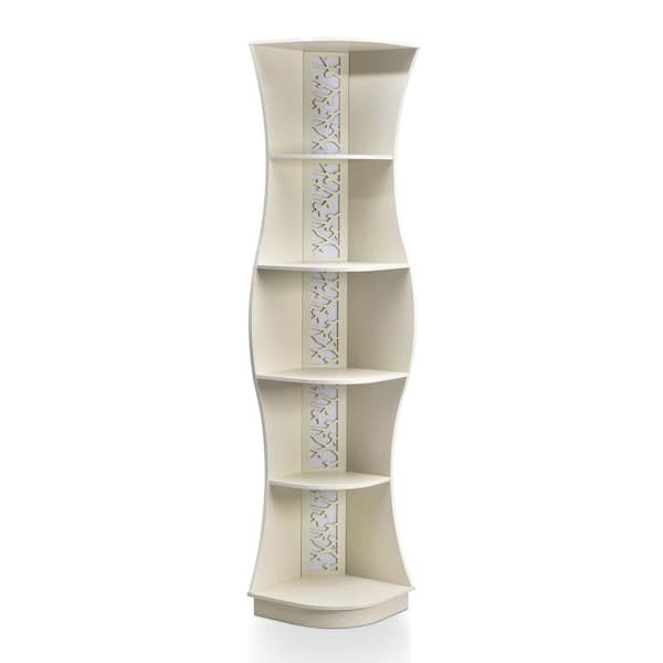 Lenard 73.3 in. Tall Cream Weave Engineered Wood 5-Shelf Corner Bookcase With Light