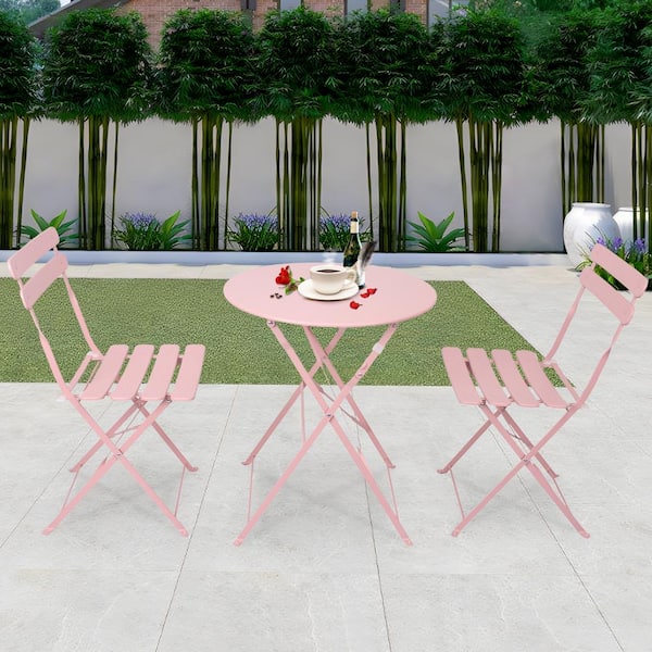 Unbranded Pink 3-Piece Rust Resistant Metal Outdoor Bistro Set with Beige Cushions, Foldable and Portable