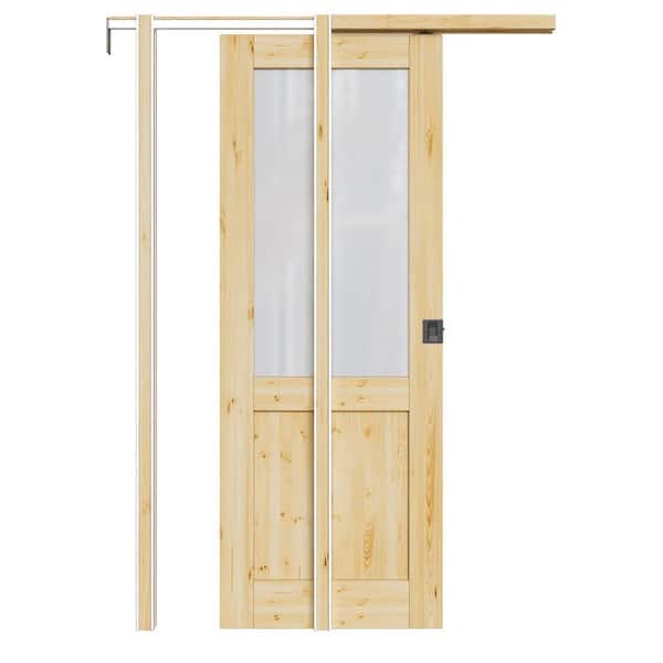ARK DESIGN 32 in. x 80 in. Half Lite Frosted Glass Unfinished Pine Wood Pocket Door with Hardware (Soft Close and Black Lock Incl)