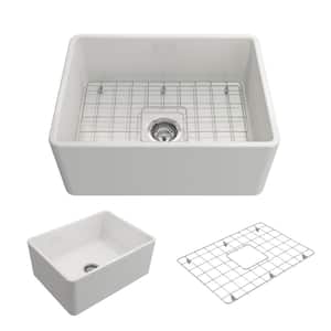 Classico Farmhouse Apron Front Fireclay 24 in. Single Bowl Kitchen Sink with Bottom Grid and Strainer in White