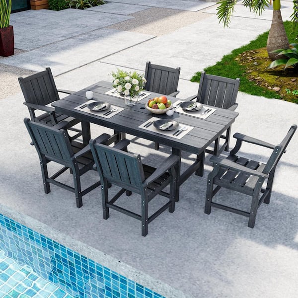 PamaPic Gray 7-Piece HDPE Plastic Patio Outdoor Dining Set with Arm Chairs