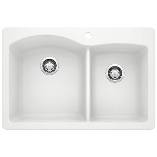 Blanco DIAMOND Silgranit 33 in. Dual Mount 60/40 Double Bowl White Granite Composite Kitchen Sink with 1-Hole