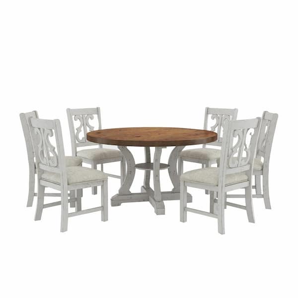 Furniture of America Wicks 7-Piece Round Distressed White and Distressed Dark Oak Wood Top Dining Set Seats 6