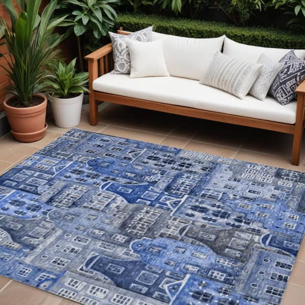 Navy Blue, Sky Blue 9 ft. x 12 ft. Woven Geometric Polyester Rectangle Indoor/Outdoor Area Rug