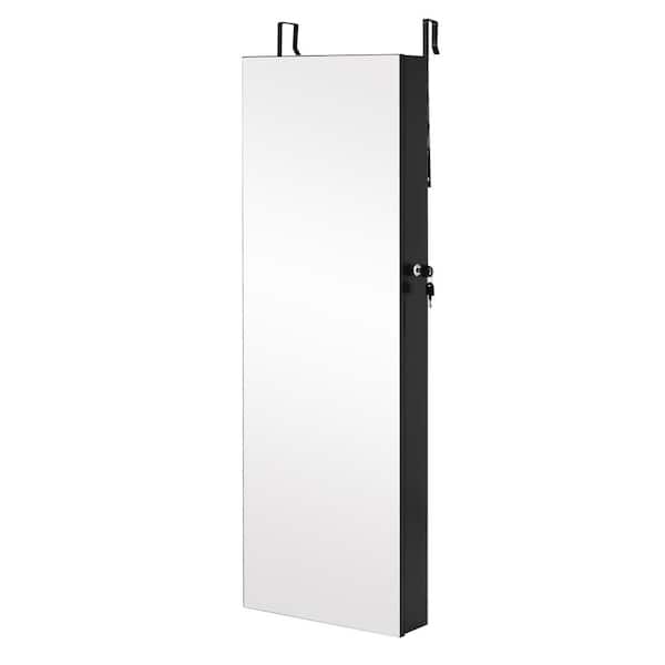 ANGELES HOME Black Wall Mounted Full Screen Mirror Jewelry Cabinet Armoire with 6 LEDs