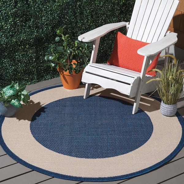 Courtyard Navy/Beige 4 ft. x 4 ft. Border Solid Color Indoor/Outdoor Round Area Rug