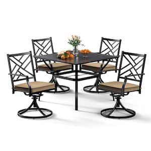 Black 5-Piece Metal Square Table with 1.57'' Umbrella Hole Outdoor Dining Set and Swivel Chair with Beige Cushion