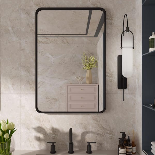 FORIOUS 23 in. W x 35 in. H Large Rectangular Single Aluminum Framed Wall Mount Bathroom Vanity Mirror in Black