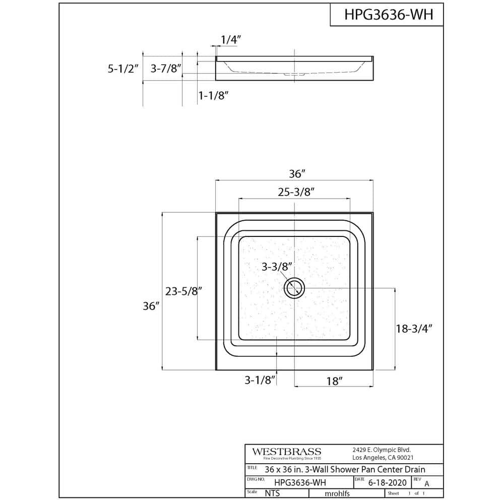 36'' White Acrylic Square Shower Base with Center Drain