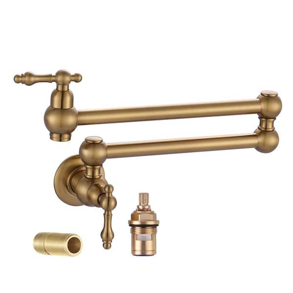 Brass Wall Mount Pot Filler with 2-Aerators and Brass Valve, Double Handle Single Hole Kitchen Faucet in Gold