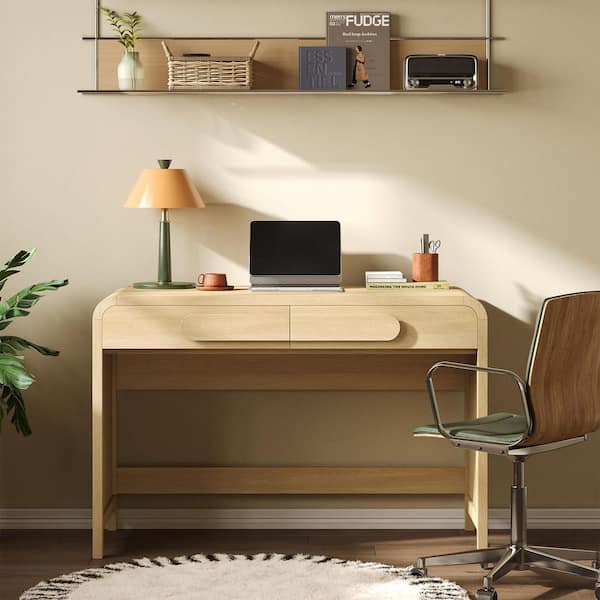 45 in. Rectangular Coastal Oak Wood Waterfall Writing Desk with 2 Storage Sliding Drawers and Curved Statement Pulls