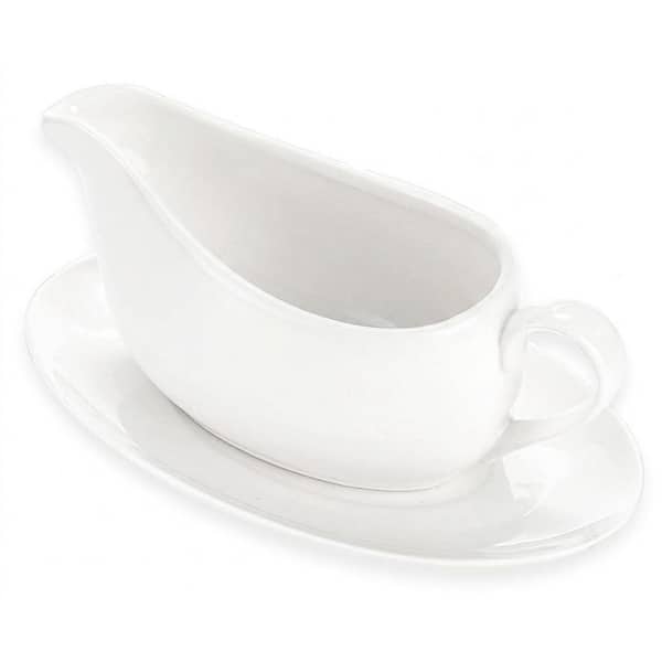 10 oz White Ceramic Gravy Boat with Saucer 14 oz 6.1 x 3.86 x 3.15 in. Ergonomic Handle Dripless Spout Tray
