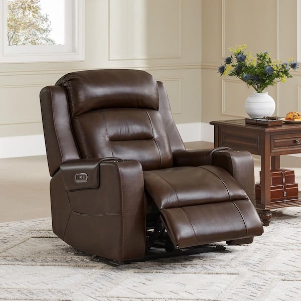 Finn Brown leather Oversized Power Recliner Chair with Power Headrest, Pockets, Cup Holders and USB&Type-C Charging Port
