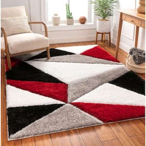 San Francisco Venice Red Modern Geometric Abstract 7 ft. 10 in. x 9 ft. 10 in. 3D Carved Shag Area Rug