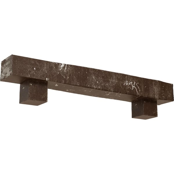 Ekena Millwork 8 in. x 10 in. x 4 ft. Knotty Pine Faux Wood Fireplace Mantel Kit, Alamo Corbels, Vintage Mahogany