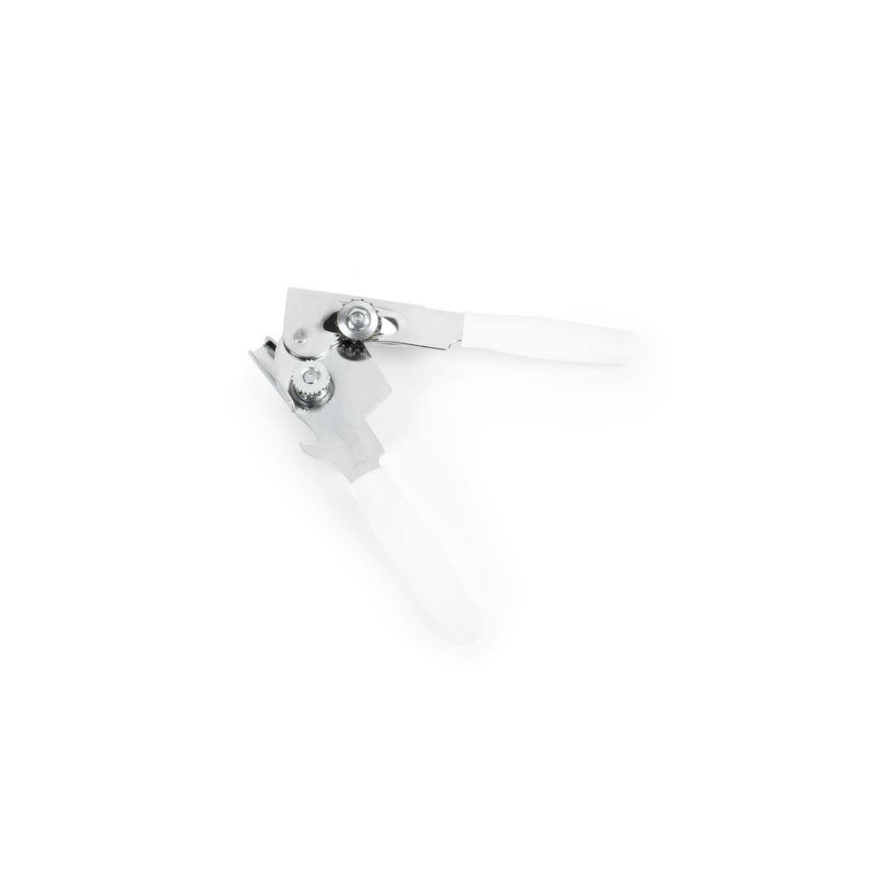 Stainless Steel Handheld Can Opener with White Ergonomic Handles